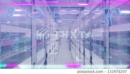 Data center aisle displaying floating holographic pie chart in secure corridor, with server racks 132978207