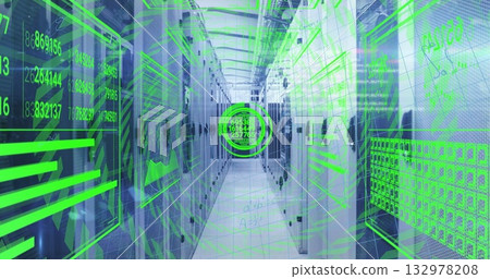 Displaying central corridor in data center with server racks, cable trays and digital interface 132978208