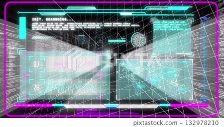 Glowing holographic panel displaying data panels and wireframe sphere in AR environment 132978210