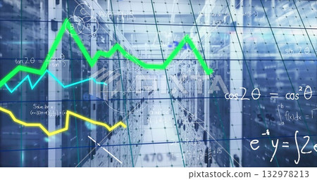 Lining server cabinets stretching corridor at data center, with line graph overlays and gridlines 132978213