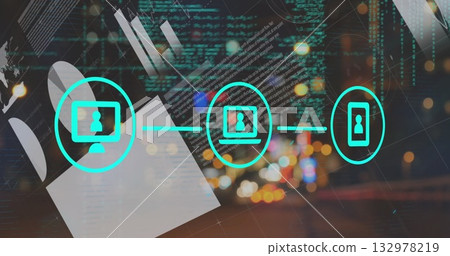 Showing turquoise icons linking monitor laptop smartphone in virtual network, with code and lights Showing turquoise icons linking monitor laptop smartphone in virtual network, with code and lights 132978219
