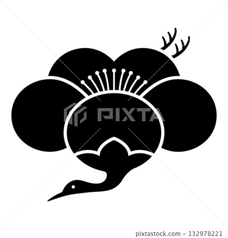 Japanese pattern plum and crane silhouette icon Japanese pattern plum and crane silhouette icon 132978221