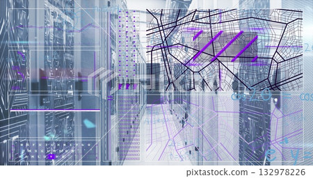 Displaying rack-mounted servers streaming UI overlays in server aisle, with network cables and LEDs 132978226