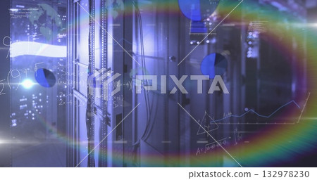 Illuminating server rack cabinet glowing with blue LEDs in data center corridor, digital overlays Illuminating server rack cabinet glowing with blue LEDs in data center corridor, digital overlays 132978230