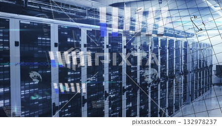 Displaying server racks with blinking LED lights, glass partition overlay in data center corridor 132978237