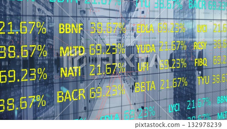 Glowing server rack aisle featuring blinking LEDs and cables in server room, with data overlays 132978239