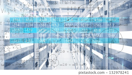 Showing data center aisle with server racks, vented floor, cables, LED lighting and numeric panels 132978241
