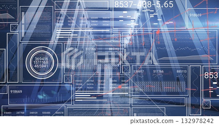 Showing dashboard panels overlaying corridor, with numeric readouts, line graphs and code blocks Showing dashboard panels overlaying corridor, with numeric readouts, line graphs and code blocks 132978242