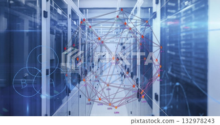 3D network graph overlay hovering above server corridor, with cabinets, cables and indicator lights 132978243