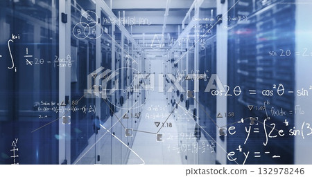 Showing narrow data center corridor, featuring server racks and floating mathematical overlays 132978246