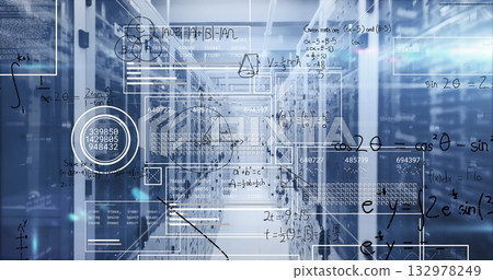 Showing data center server rack corridor with LED lights, mesh doors, network cables, math overlays 132978249