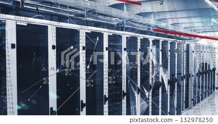 Displaying long narrow data center corridor hosting server racks with cables and digital overlays Displaying long narrow data center corridor hosting server racks with cables and digital overlays 132978250