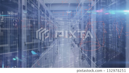 Featuring server room aisle running between server racks, with blue LEDs and floating graphics Featuring server room aisle running between server racks, with blue LEDs and floating graphics 132978251