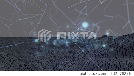 Binary code terrain undulating in virtual data realm, with glowing network nodes and light flares Binary code terrain undulating in virtual data realm, with glowing network nodes and light flares 132978256