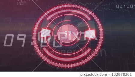 Featuring circular red gauge with segmented arcs showing numeric readout 57 on HUD, with code 132978261