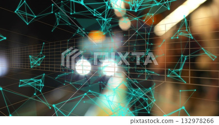 Floating abstract turquoise network nodes and lines in blurred corridor, with grid overlay Floating abstract turquoise network nodes and lines in blurred corridor, with grid overlay 132978266