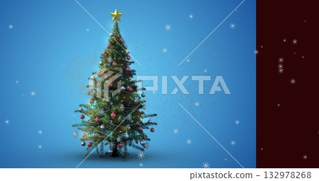 Showing artificial Christmas tree in studio with gold star topper, baubles, garlands and snowflakes Showing artificial Christmas tree in studio with gold star topper, baubles, garlands and snowflakes 132978268