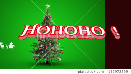 Decorating tree with gold star, baubles, lights in green red panel showing HOHOHO or sleigh silhouet Decorating tree with gold star, baubles, lights in green red panel showing HOHOHO or sleigh silhouet 132978269
