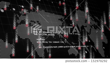 Displaying dotted world map floating over virtual grid, with binary streams and code snippets 132978292