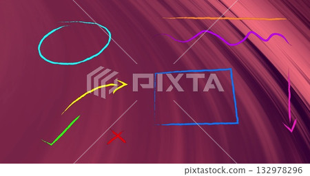 Displaying colorful shapes on maroon swirl, cyan oval, arrows, check mark, X, rectangle and lines Displaying colorful shapes on maroon swirl, cyan oval, arrows, check mark, X, rectangle and lines 132978296