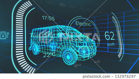 Displaying wireframe electric van model in virtual HUD, showing speed gauge and progress bars Displaying wireframe electric van model in virtual HUD, showing speed gauge and progress bars 132978297