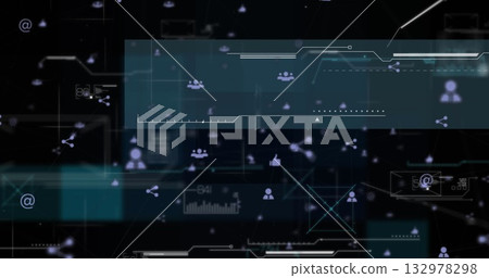 Displaying teal panel spanning digital interface, with floating user icons and data points 132978298