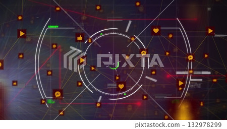 Rotating HUD reticle analyzing data in network interface, showing social media icons, network lines Rotating HUD reticle analyzing data in network interface, showing social media icons, network lines 132978299