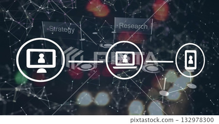 Displaying white device icons connecting on dark node grid plane, with Strategy and Research labels Displaying white device icons connecting on dark node grid plane, with Strategy and Research labels 132978300