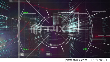 Displaying central reticle scanning in interface, with data streams, code blocks and grid overlays Displaying central reticle scanning in interface, with data streams, code blocks and grid overlays 132978301