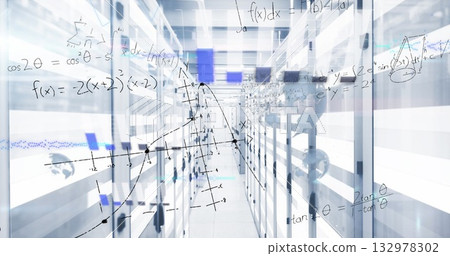 Displaying server racks lining data center aisle with LED panels, floating math and graph overlays 132978302