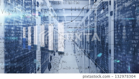 Extending server rack corridor running through data center, with binary code and math overlays 132978304