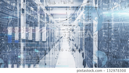 Highlighting server racks lining data center corridor, with blinking LEDs and math overlay 132978308
