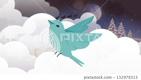 Teal bird soaring among clouds above pine trees with pastel gifts, starry moonlit sleigh silhouette 132978313