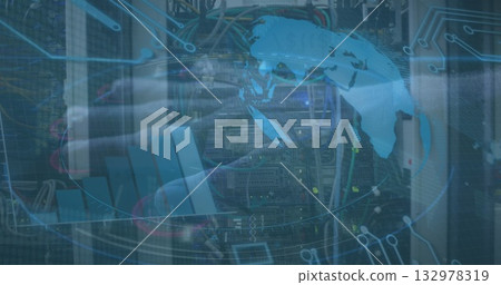 Technician connecting Ethernet cables in server rack at data center, with digital overlay Technician connecting Ethernet cables in server rack at data center, with digital overlay 132978319