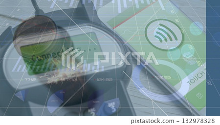 Displaying stethoscope chest piece on oximeter device with phone screen on desk, with overlaid data Displaying stethoscope chest piece on oximeter device with phone screen on desk, with overlaid data 132978328