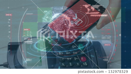 Presenting hand holding smartphone over POS terminal at checkout, with digital payment icons Presenting hand holding smartphone over POS terminal at checkout, with digital payment icons 132978329