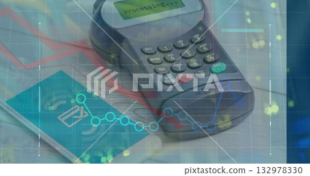 Displaying card payment terminal processing sale on tabletop, with smartphone and overlay graphics Displaying card payment terminal processing sale on tabletop, with smartphone and overlay graphics 132978330