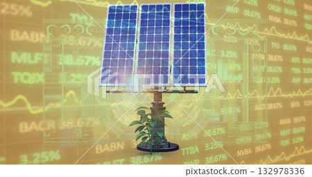 Three-panel solar array on metal pole growing seedlings on financial charts, with ticker overlay Three-panel solar array on metal pole growing seedlings on financial charts, with ticker overlay 132978336