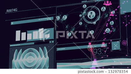 Displaying digital interface on widescreen monitor, with bar chart, network map, signal monitor 132978354