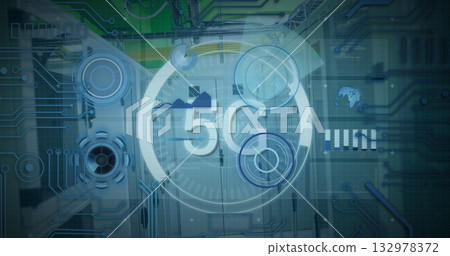Displaying rack-mounted servers with glowing 5G holographic gauges in data center, circuit overlay 132978372