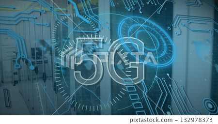 Displaying transparent 5G text over blurred office corridor with blue circuits, rings, clock dials Displaying transparent 5G text over blurred office corridor with blue circuits, rings, clock dials 132978373