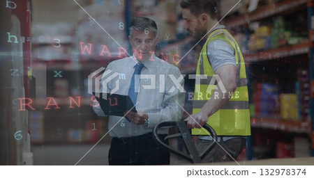 Supervisor and employee discussing inventory in warehouse aisle, with tablet, pallet jack, security Supervisor and employee discussing inventory in warehouse aisle, with tablet, pallet jack, security 132978374