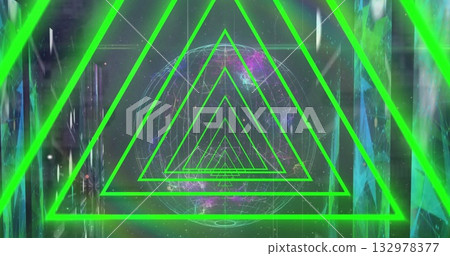 Displaying nested neon green frames receding in data tunnel with wireframe globe, reflective panels 132978377