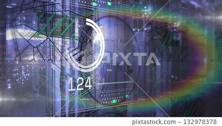Showing circular gauge reading 124 on skyline HUD, with gridlines, world map, schematics, lensflare 132978378