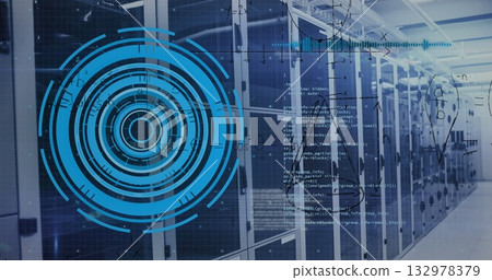 Highlighting server cabinets glowing with cable trays in data aisle, with HUD overlay, copy space 132978379