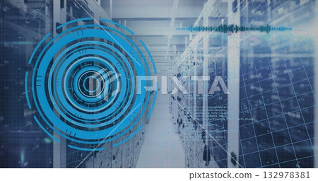 Central aisle extending through data center with server racks and floating HUD and code overlays 132978381