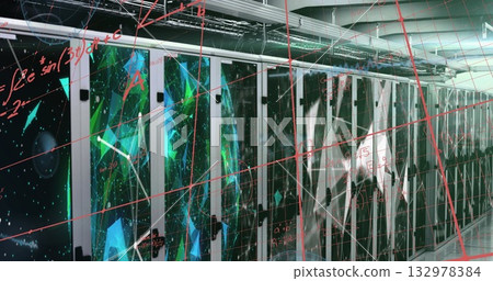 Displaying server rack cabinets glowing green in server room, with cable trays, floating red grid Displaying server rack cabinets glowing green in server room, with cable trays, floating red grid 132978384