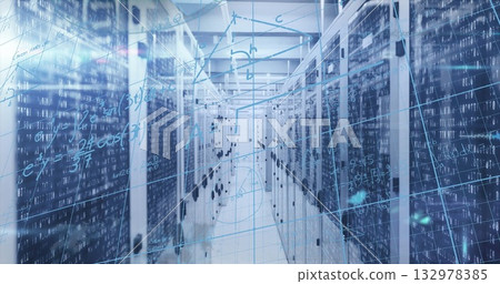 Lining data center hall server racks housing blinking LED servers and bundled cables, data overlays 132978385