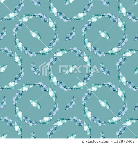 Watercolor seamless pattern with soft blue and turquoise leaves arranged in circular shapes. Elegant botanical texture perfect for fabric, wallpaper, packaging, and nature-inspired design projects. 132978402