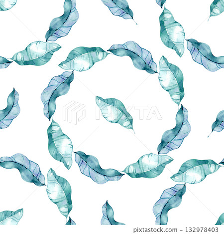 Watercolor seamless pattern with soft blue and turquoise leaves arranged in circular shapes. Elegant botanical texture perfect for fabric, wallpaper, packaging, and nature-inspired design projects. 132978403